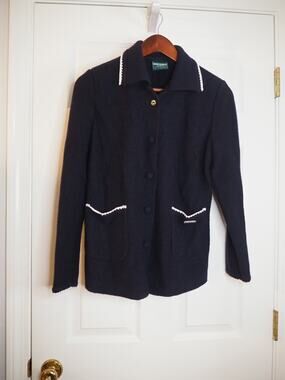 Geiger Collection Austria Navy Boiled Wool Jacket Womens 40 White Trim Vintage